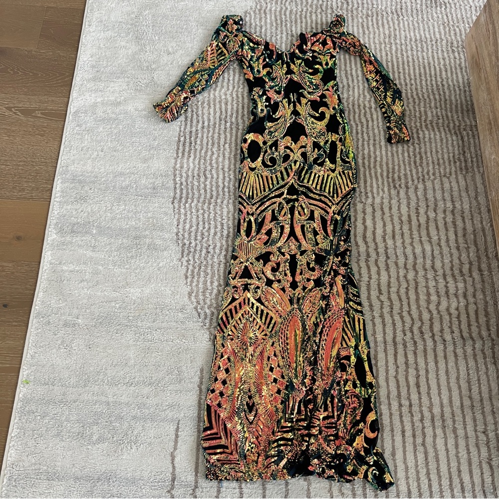 Color Changing Holographic Sequins Art Deco Embellished Evening Gown